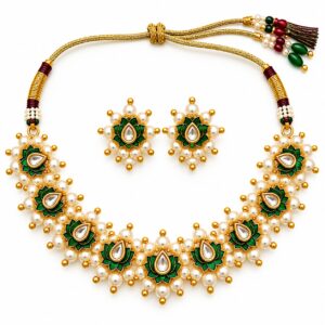 Fulki Emerald Leaf Pearl Necklace Set