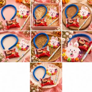 Cute Bunny Kids Gift Set Of 7 with Headband,Cute Hair Clips, Pencil & Chocopie
