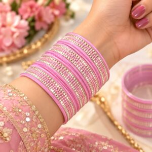 Pink & Silver Mirror Work Bangle Set 0f 48