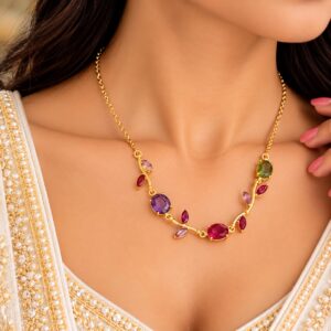 Multicolor Leaf Stone Necklace Elegant gold-tone necklace