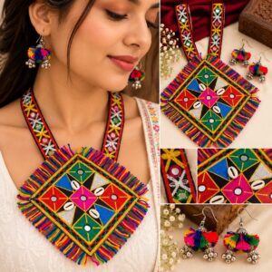 Boho Fabric Flower & Cowrie Necklace Set