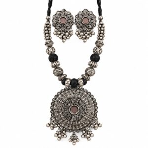 Oxidised Round Floral Pendant Necklace Set