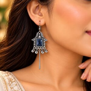 Blue Stone Oxidised Ear Cuff Drop Earrings - Image 2