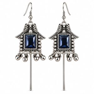 Blue Stone Oxidised Ear Cuff Drop Earrings