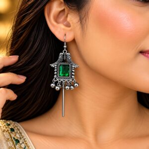 Emerald Green Oxidised Long Drop Earring - Image 2