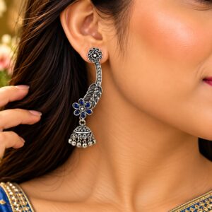 Blue Floral Oxidised Jhumka Earrings - Image 2