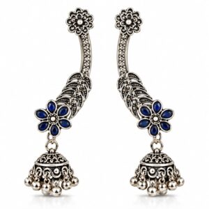 Blue Floral Oxidised Jhumka Earrings