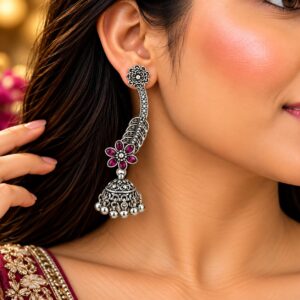 Ruby Floral Oxidised Jhumka Earrings - Image 2