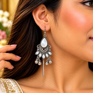 Pearl White Oxidised Statement Drop Earrings - Image 2