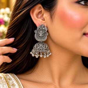 Antique Oxidised Statement Jhumka Earrings - Image 2