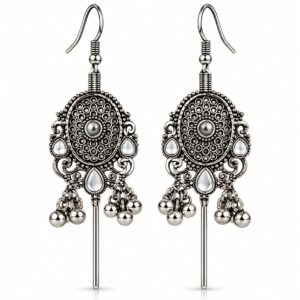 Pearl Oval Oxidised Long Drop Earrings