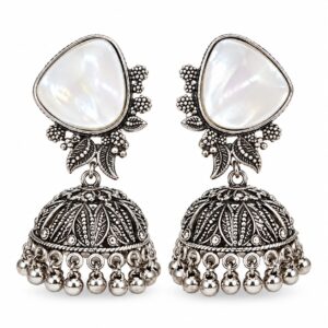 Pearl White Stone Oxidised Jhumka Earrings - Image 1