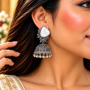 Pearl White Stone Oxidised Jhumka Earrings - Image 2