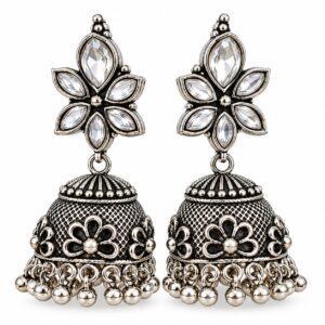 Crystal Floral Oxidised Silver Jhumka Earrings