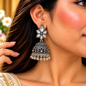 Crystal Floral Oxidised Silver Jhumka Earrings - Image 2