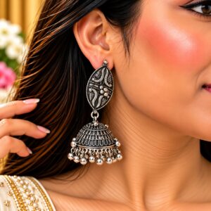 Ethnic Paisley Oxidised Silver Jhumka Earrings - Image 2