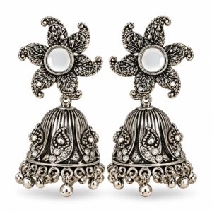 Floral Mirror Oxidised Silver Jhumka Earrings