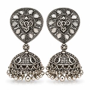 Royal Heart Oxidised Silver Jhumka Earrings