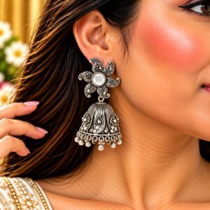 Floral Mirror Oxidised Silver Jhumka Earrings - Image 2